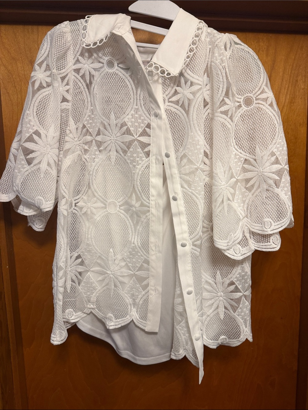 White Lace Overlay Button-Front Women's Top